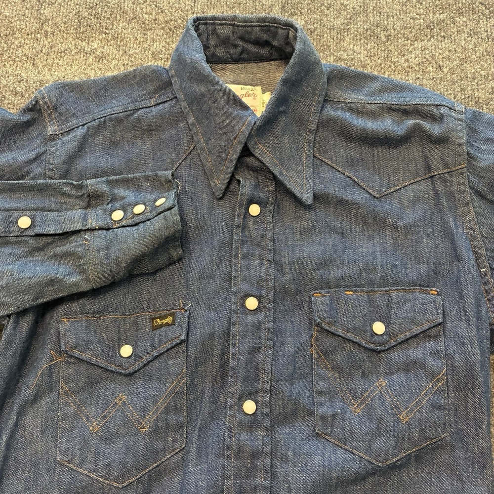 Vintage 70s Wrangler Pre Shrunk Pearl Snap Raw Denim Cowboy Shirt Mens Small